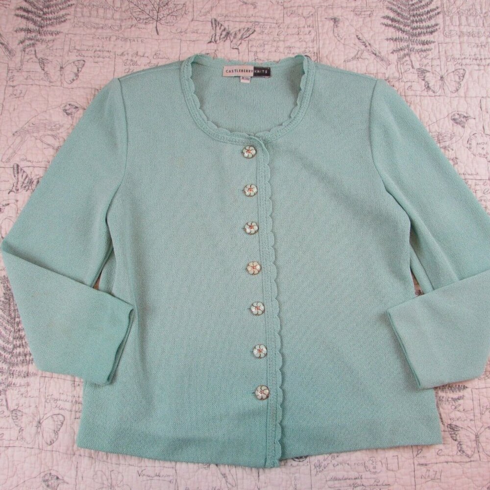 VTG Castleberry knit Skirt Suit Aqua Gold btn Pleated Union Church USA petitie 8 - Picture 2 of 10